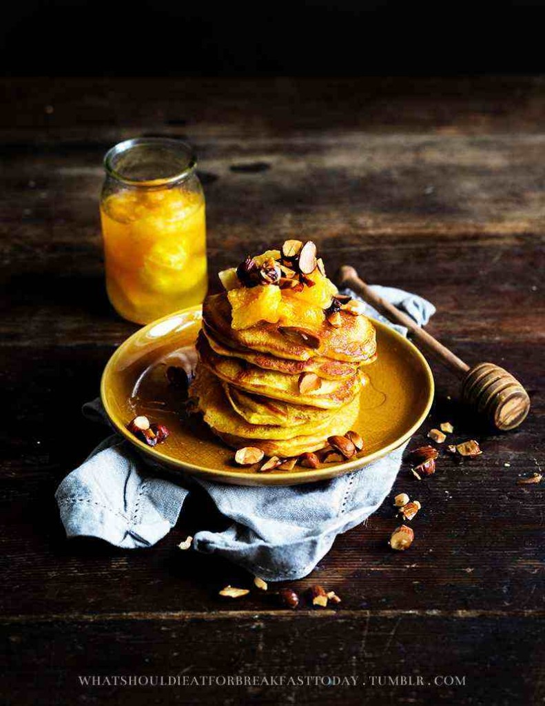 Orange pancakes with caramalised oranges and roasted almonds