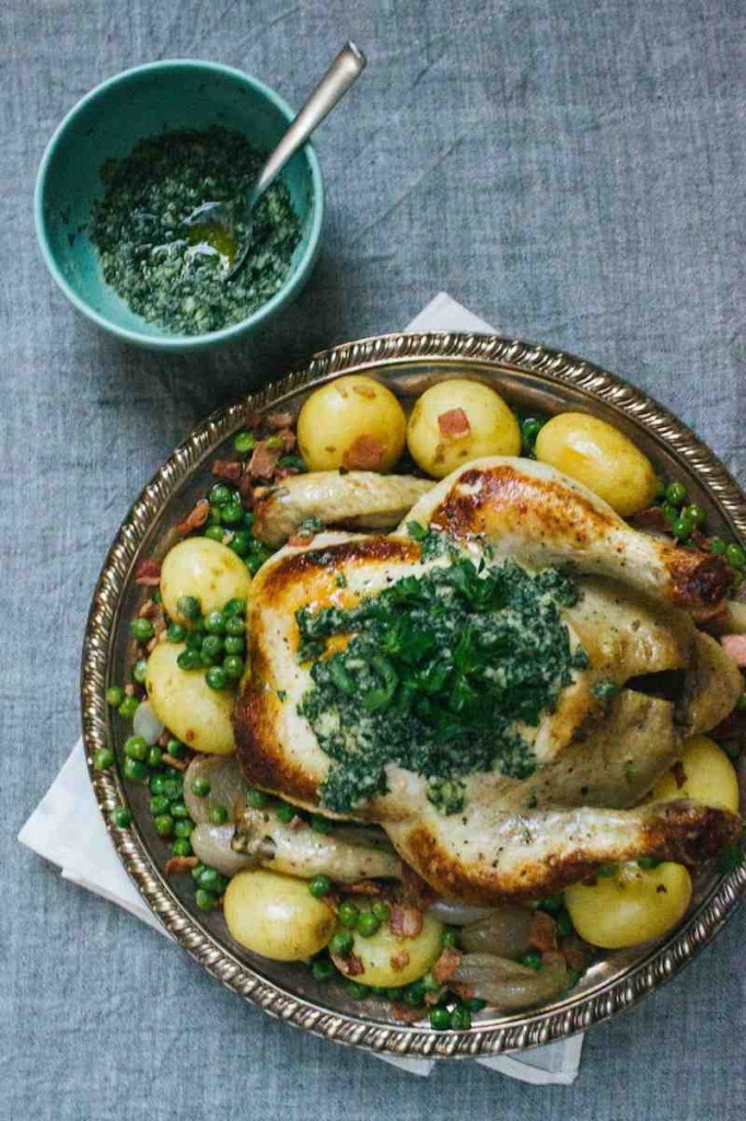 Chicken Pot Roast with Potatoes, Shallots and Peas by Simple Provisions.